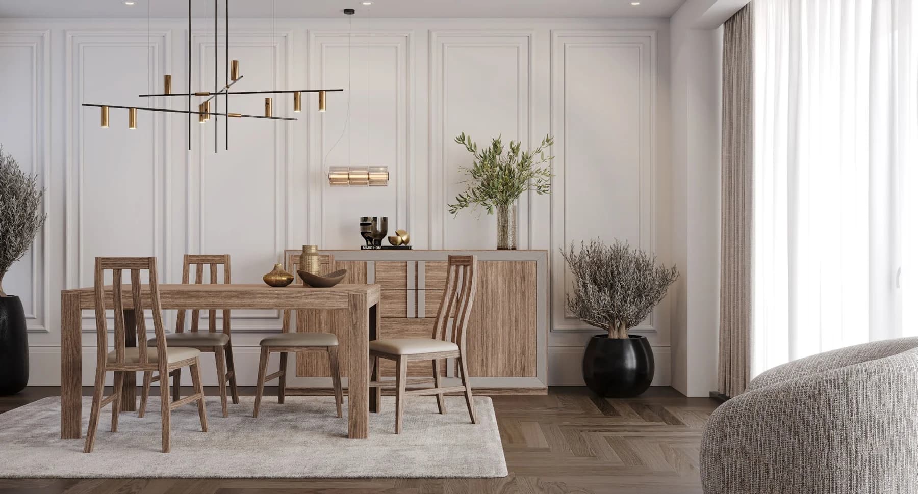 Comedor de madera natural con mesa, sillas y aparador